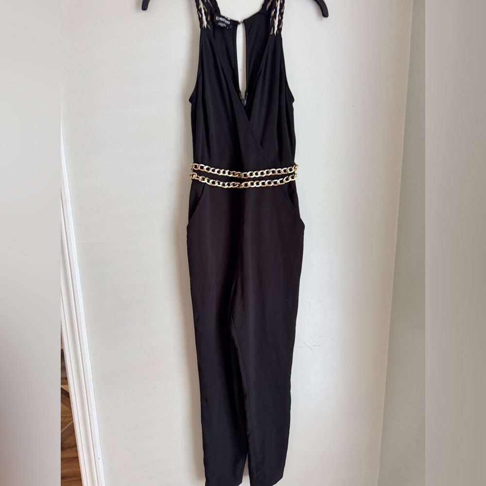 bebe Black Jumpsuit with Gold Chain Detail